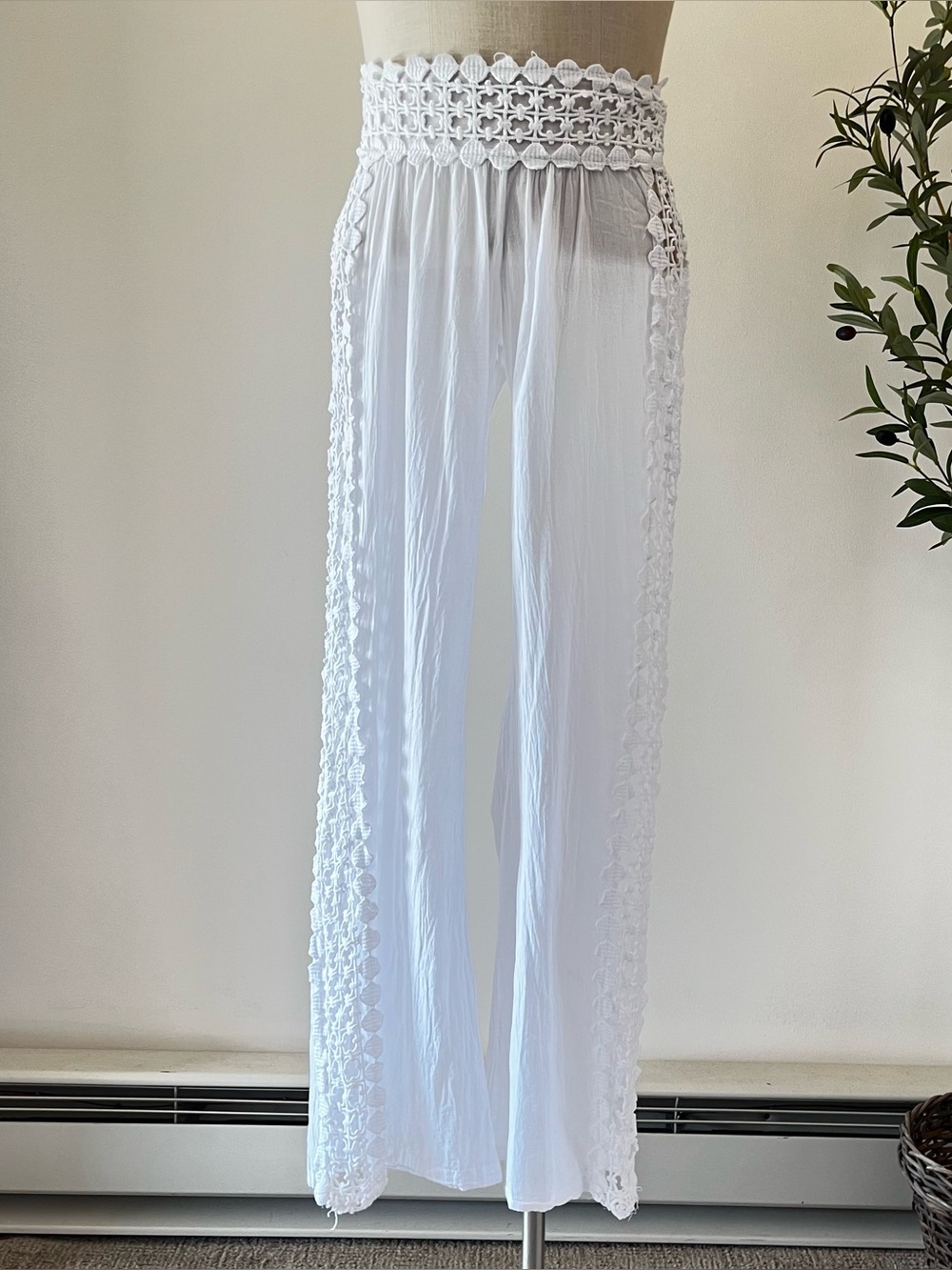 White Crochet Trim Wide-Leg Women's pants